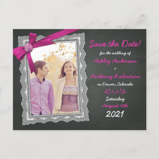 Postal De Anuncios Pizarra Magenta Arco Foto Boda Guardar la Fecha