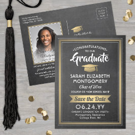 Postal De Anuncios Pizarra y dorado Foto de graduación Guardar la fec