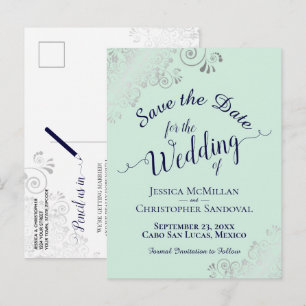 Postal De Anuncios Plata Volantes Menta y Azul Marino Boda Salva la F