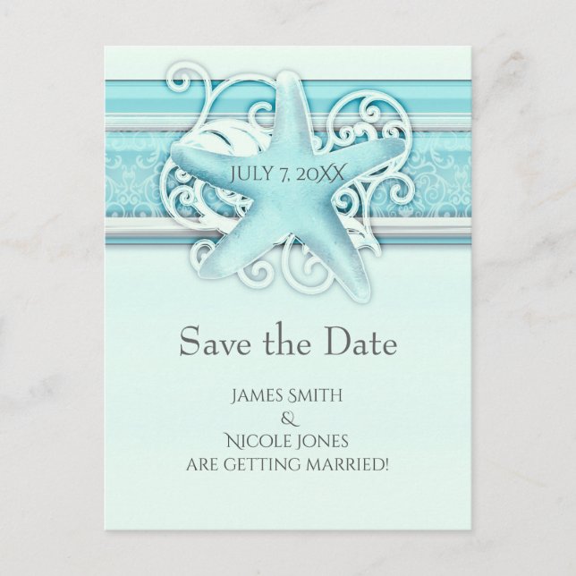 Postal De Anuncios Playa Estrella Azul  Elegante Boda Guardar la Fech (Anverso)