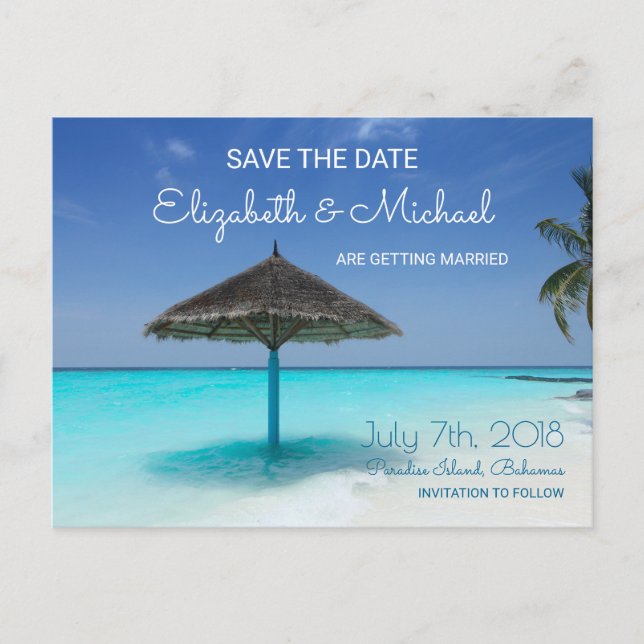 Postal De Anuncios Playa tropical con Boda de paraguas con paja STD (Anverso)