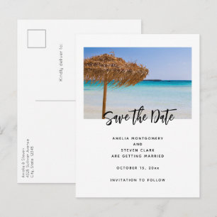 Postal De Anuncios Playa Tropical Escénica con Sombrilla de Paja Boda