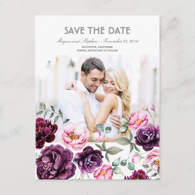 Postal De Anuncios Plum Purple Floral acuarelas Foto Guardar fecha (Anverso)