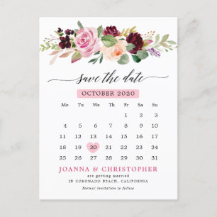 Postal De Anuncios Plum Rubor Pink Floral Calendar Guardar la fecha