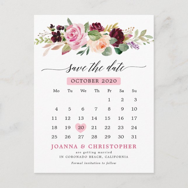 Postal De Anuncios Plum Rubor Pink Floral Calendar Guardar la fecha (Anverso)