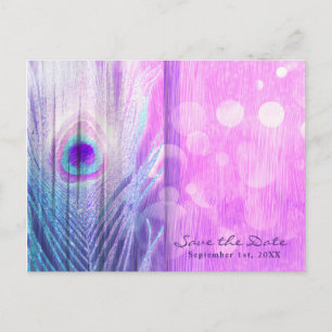 Postal De Anuncios Pluma de pavo real rosa y azul Boho Save the Date