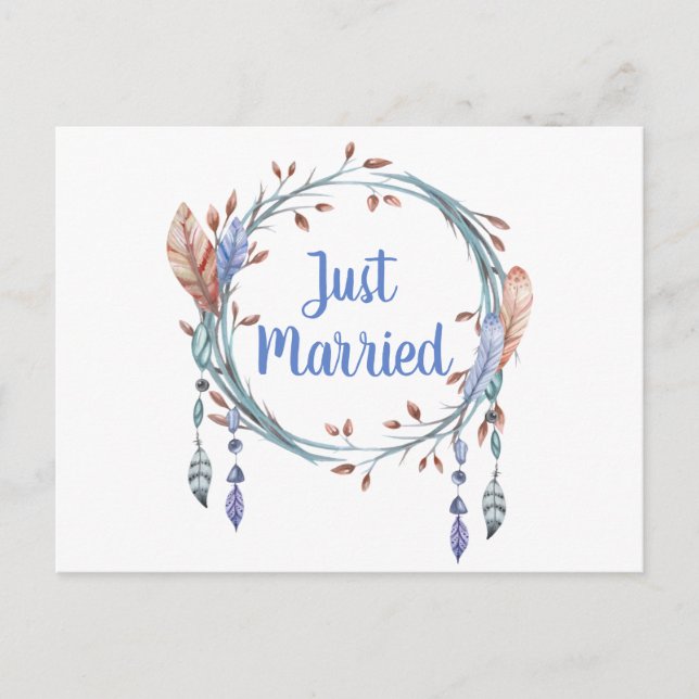 Postal De Anuncios Plumas Azules Tribales Boho Boda Recién Casados (Anverso)