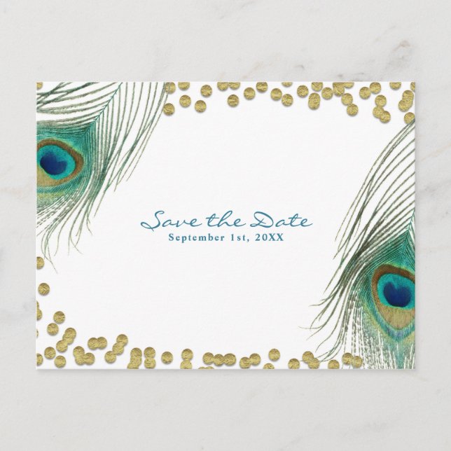 Postal De Anuncios Plumas de Pavo Real & Oro Boho Glam Save the Date (Anverso)