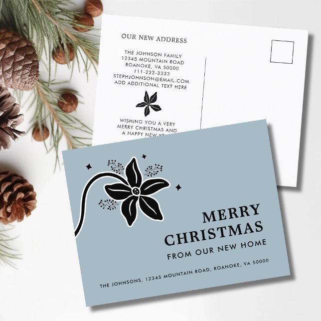 Postal De Anuncios Poinsettia Merry Christmas New Home (Poinsettia Merry Christmas From Our New Home Dusty Blue Moving Announcement Postcard)