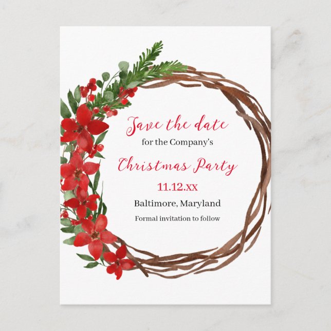 Postal De Anuncios Poinsettia Wreath Save The Date Navidades Fiesta (Anverso)