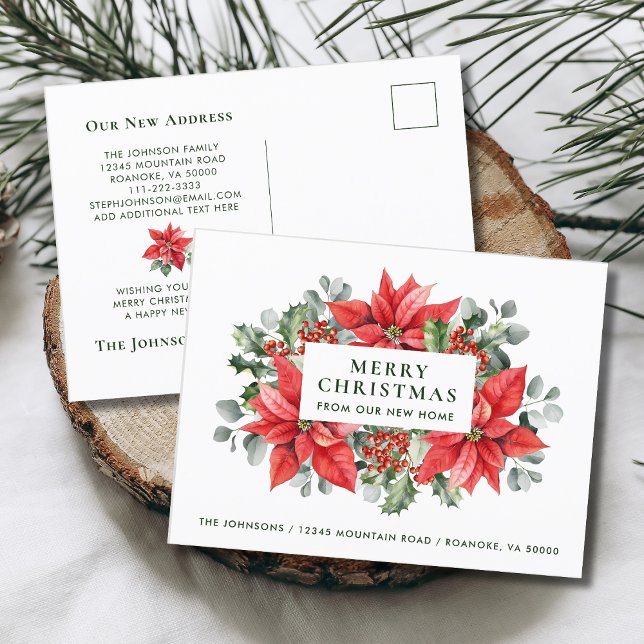 Postal De Anuncios Poinsettias Feliz Navidad desde New Home (Red Poinsettias Merry Christmas from Our New Home Holiday Moving Announcement Postcard)