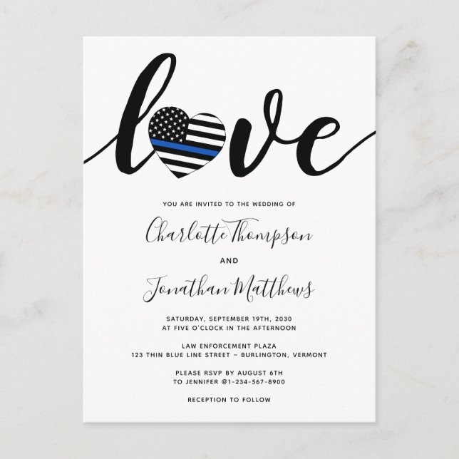 Postal De Anuncios Policía Línea Azul del Corazón Boda (Anverso)