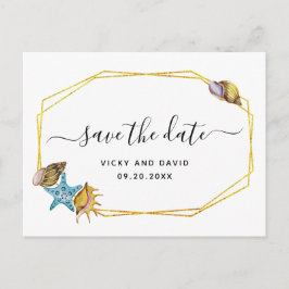 Postal De Anuncios Polígono de papel de oro, conchas de boda Save the