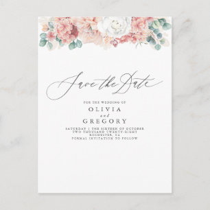 Postal De Anuncios Polvoriento Rosa y Floral Peach Save the Date