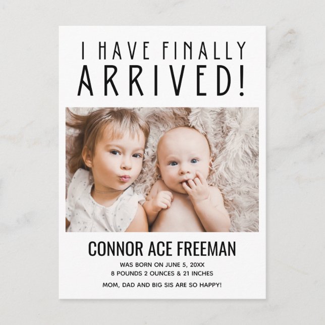 Postal De Anuncios Por Fin Llegué Foto Nacimiento Niño Bebé (Anverso)
