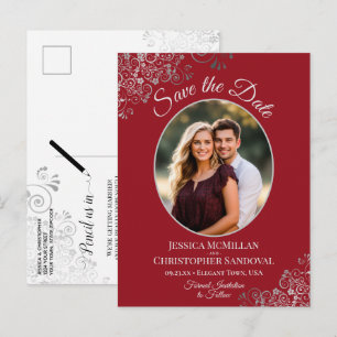 Postal De Anuncios Posh Silver & Red Wedding Save the Date Foto Oval