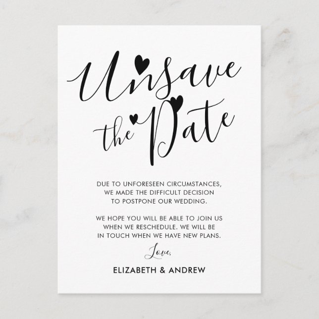 Postal De Anuncios Posponer la boda Unsave the Date Hearts (Anverso)