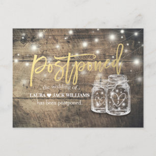 Postal De Anuncios Posposición boda Mason Jars String Lights Wood