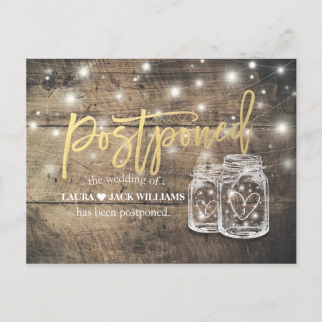Postal De Anuncios Posposición boda Mason Jars String Lights Wood (Anverso)