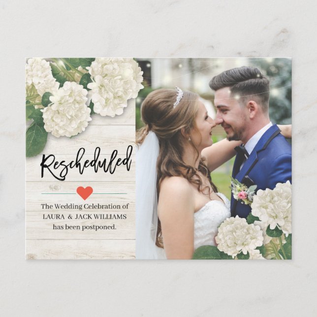 Postal De Anuncios Posposición del boda Reprogramada Foto de Hydrange (Anverso)
