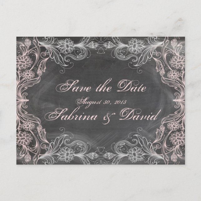 Postal De Anuncios Póster de Chalkboard Antique Pink Floral Save the  (Anverso)