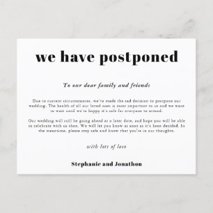 Postal De Anuncios Postergación de Boda Simple Tipográfica Blanca