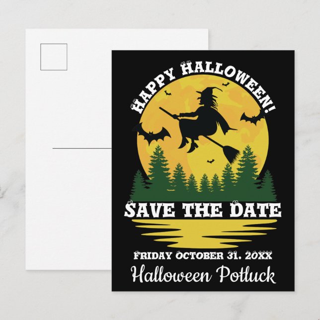 Postal De Anuncios Precaución de Halloween Bruja Cruzando Escoba Vola (Anverso / Reverso)