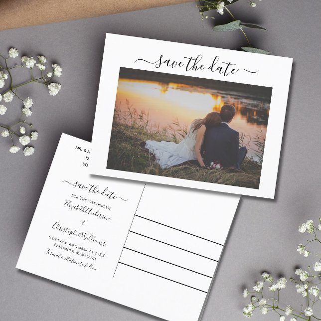 Postal De Anuncios Presupuesto de caligrafía para foto de boda Save t (Photo Wedding Save the Date Postcard. Formal Script Calligraphy)
