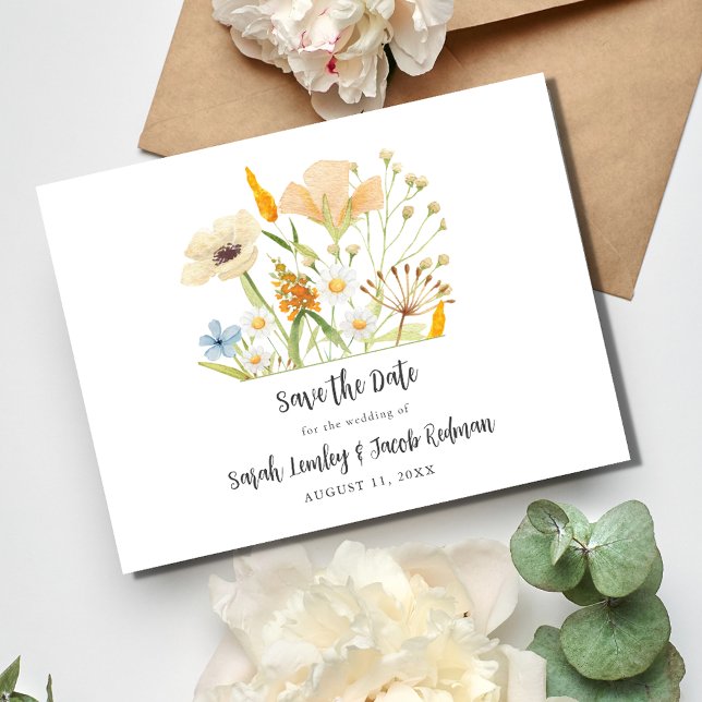 Postal De Anuncios Primavera Flores Silvestres Boda Presupuestaria Gu (Spring Wildflowers Budget Wedding Save the Date Postcard)