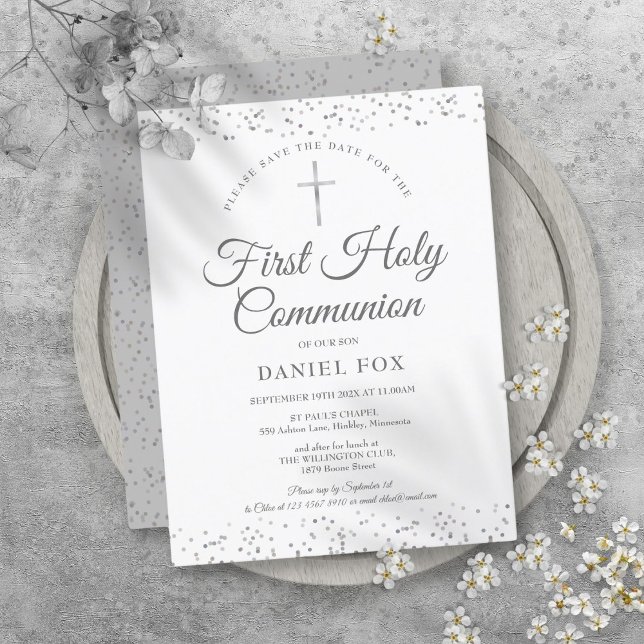 Postal De Anuncios Primera Comunión Plata Estrellitas Save The Date (First Holy Communion Silver Stardust Save The Date Announcement Postcard)