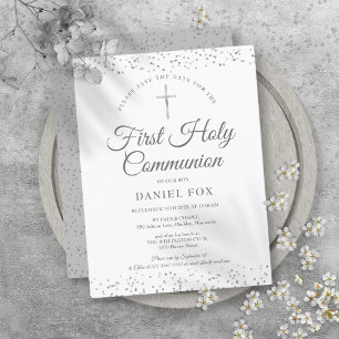 Postal De Anuncios Primera Comunión Plata Estrellitas Save The Date