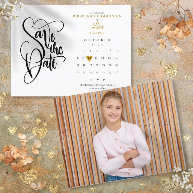 Postal De Anuncios Primera comunión sagrada Salven la foto del calend (First Holy Communion Save the Date Calendar Photo Announcement Postcard)