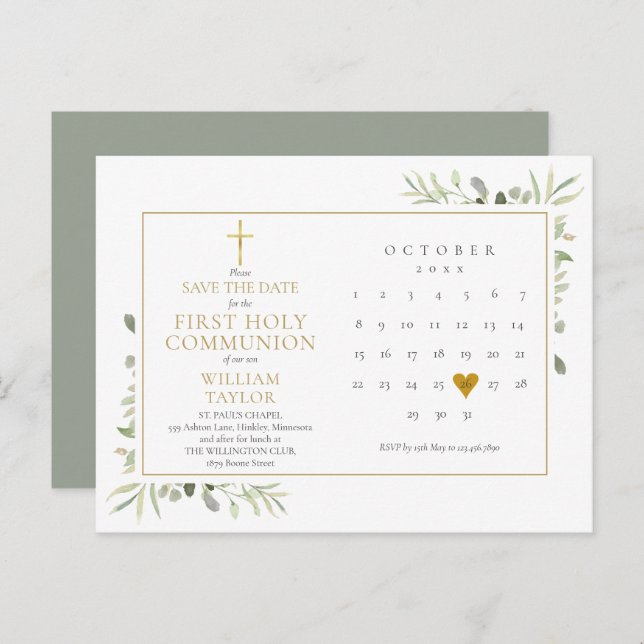 Postal De Anuncios Primera Comunión Verde Salvad la Fecha (Anverso / Reverso)