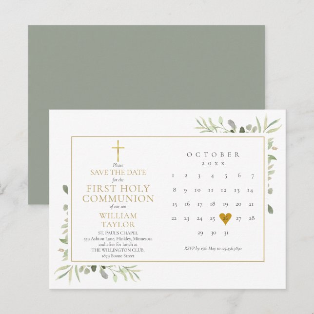 Postal De Anuncios Primera Comunión Verde Salvaguardar la Fecha (Anverso / Reverso)