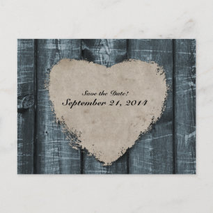 Postal De Anuncios Primitive Blue Wood and Heart Save the Date