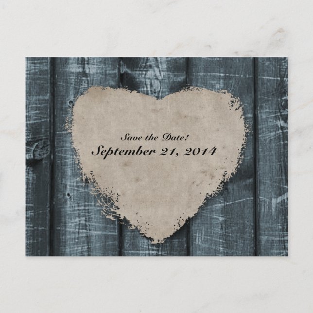 Postal De Anuncios Primitive Blue Wood and Heart Save the Date (Anverso)