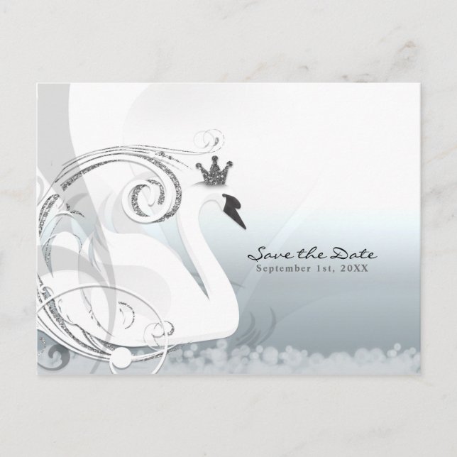 Postal De Anuncios Princesa Cisne Plata y Blanca Save the Date (Anverso)