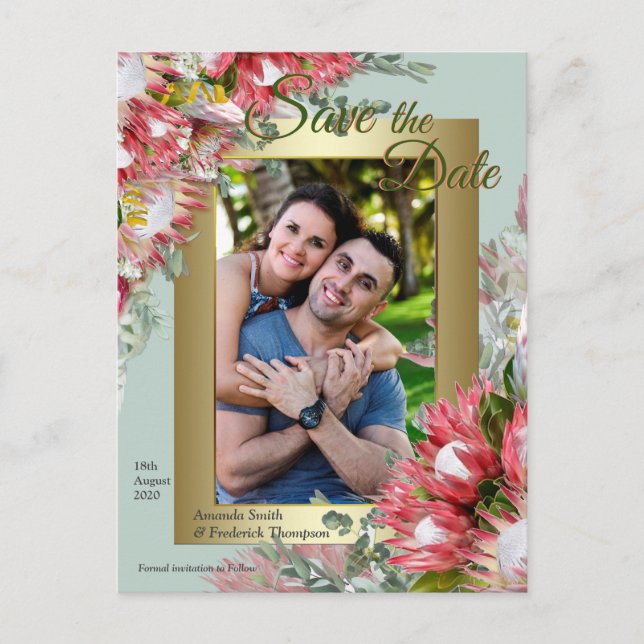 Postal De Anuncios Proteas Fucsia con Verde y Dorado Save the Date (Anverso)