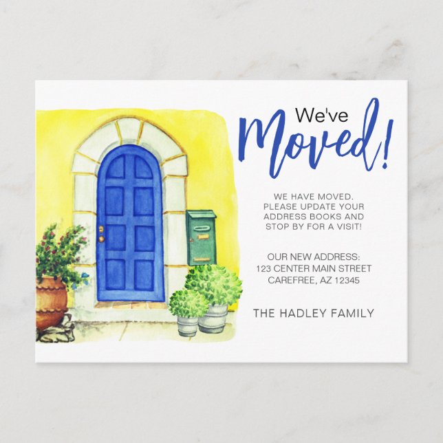 Postal De Anuncios Puerta Azul Nos hemos mudado (Anverso)