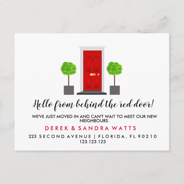 Postal De Anuncios puerta principal roja Cambio de dirección nos hemo (Anverso)