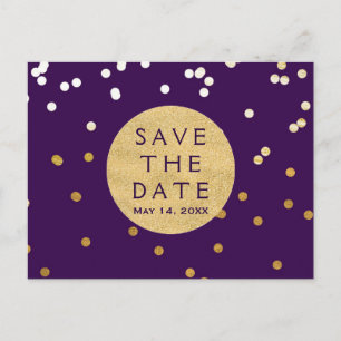 Postal De Anuncios Puntos de confeti brillantes púrpura y dorado Save