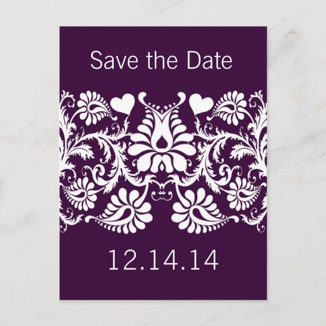 Postal De Anuncios Purple Damask Save the Date (Anverso)