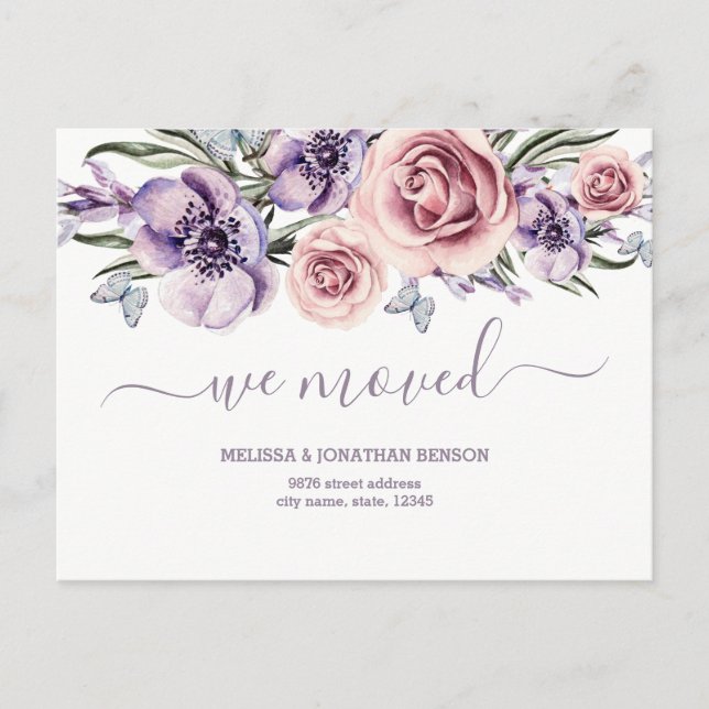 Postal De Anuncios Purple Floral Hemos Mudado Nueva Dirección Domicil (Anverso)