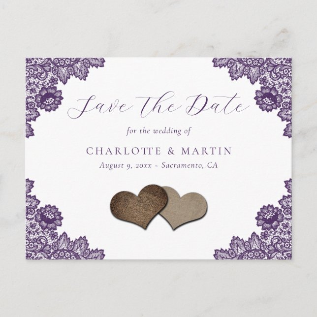 Postal De Anuncios Purple Floral Lace Rustic Wedding Save The Date (Anverso)