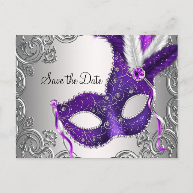 Postal De Anuncios Purple Masquerade Save the Date (Anverso)