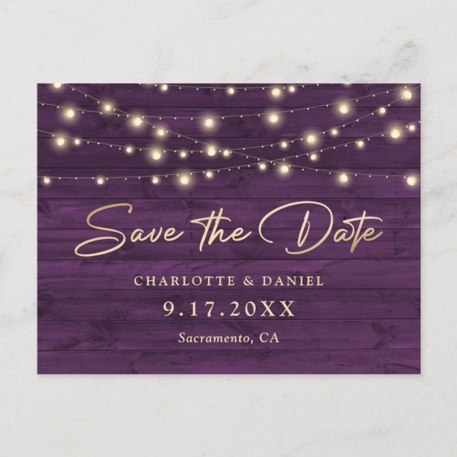 Postal De Anuncios Purple Rustic Wood String Lights Wedding (Anverso)