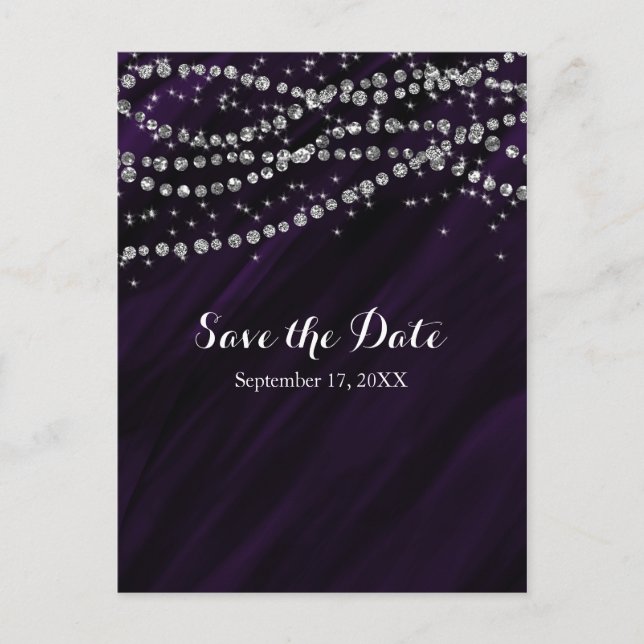 Postal De Anuncios Purple & Silver Faux Diamond Bling Save the Date (Anverso)