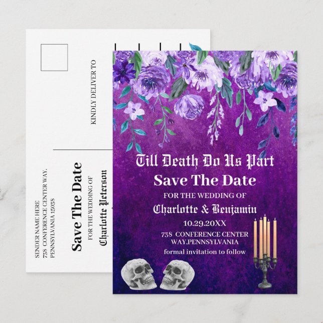 Postal De Anuncios Purple Skull Salva La Fecha Boda De Halloween  (Anverso / Reverso)
