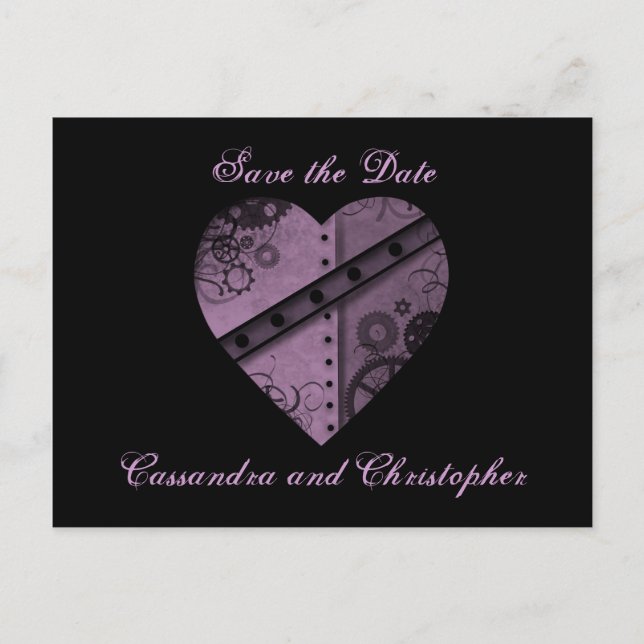 Postal De Anuncios Púrpura corazón salva al boda de fecha (Anverso)