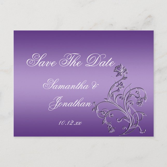 Postal De Anuncios Púrpura Ombre Ornate Floral Swirls Ahorra La Fecha (Anverso)